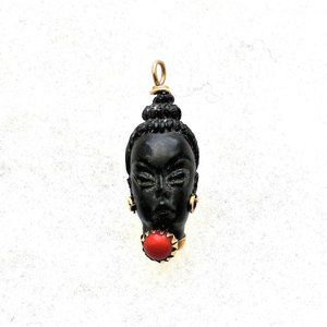 Corletto Italy 18K Yellow Gold Carved Ebony 3D Blackamoor Red Coral Head Pendant